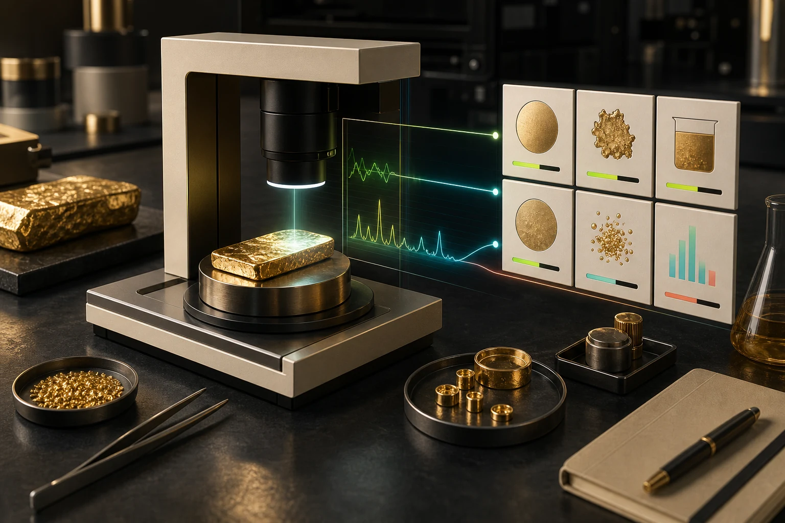Gold samples moving through an AI-assisted purity checking workflow on a refinery workbench