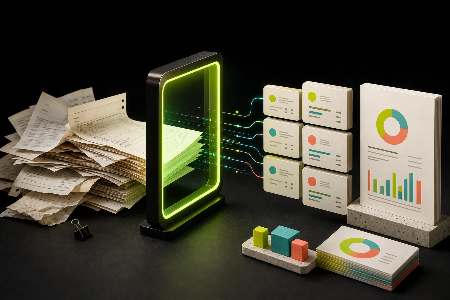 Invoices passing through an AI-assisted processing workflow and becoming an organized report